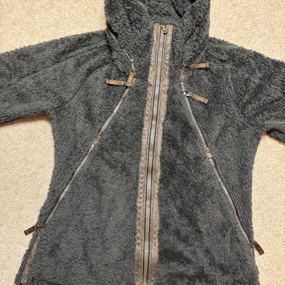 KUHL Flight Jacket Womens Medium Gray Sherpa Fleece Hooded Full Zip Pockets - Picture 12 of 15